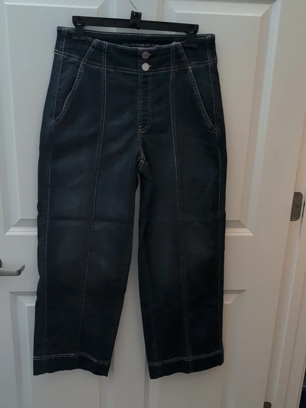 Chico's Dark Denim Wide-Leg Jeans with Contrast Stitching.